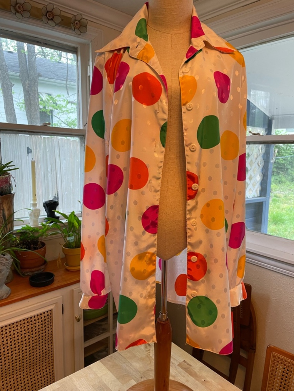 Carbon Components White Blouse with Pink, Yellow, Green Polka Dots